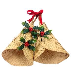 Handmade Christmas Woven Straw Double Bells Wall Door Decor Red Bow Holly
